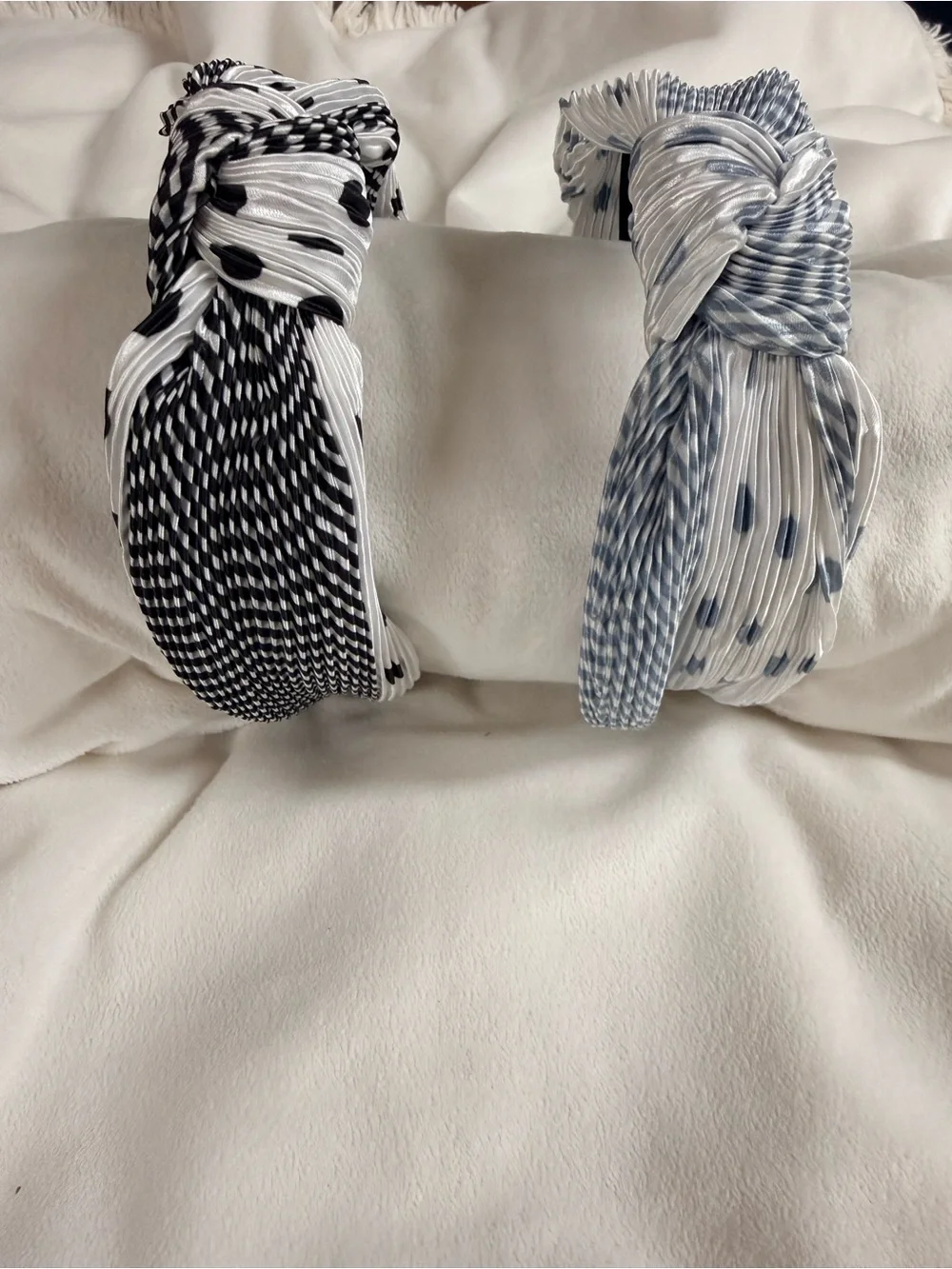 Brand New-2 Pack Knotted Pleated Headbands - Black & Light Blue Dot Mix-Multiple